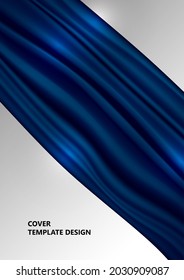 Blue satin wave background. Smooth shiny silk fabric texture, swirl of dark blue flow. Vector illustration