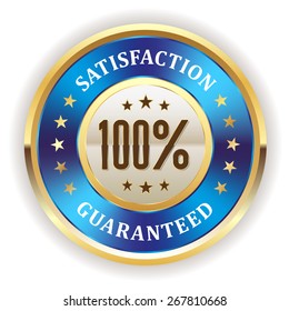 Blue satisfaction badge with gold border on white background