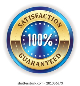 Blue satisfaction badge with gold border on white background