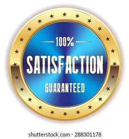 Blue satisfaction badge with gold border on white background