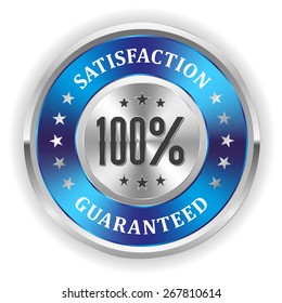 Blue satisfaction badge with silver border on white background