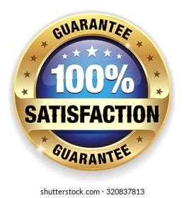 Blue satisfaction guarantee badge with gold border on white background