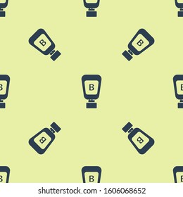 Blue Sauce bottle icon isolated seamless pattern on yellow background. Ketchup, mustard and mayonnaise bottles with sauce for fast food.  Vector Illustration