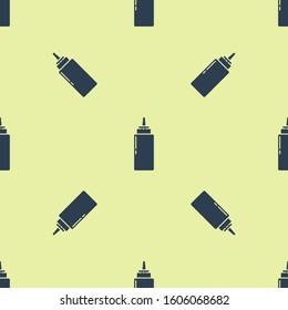 Blue Sauce bottle icon isolated seamless pattern on yellow background. Ketchup, mustard and mayonnaise bottles with sauce for fast food.  Vector Illustration