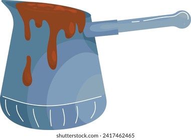 Blue saucepan with overflowing brown sauce, cartoon kitchenware with spill. Messy cooking concept vector illustration.