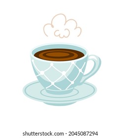 Blue saucer with a mug of coffee. Porcelain cute coffee service. Dotted cup with hot drink. Hand drawn vector cartoon illustration.