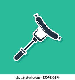 Blue Sausage on the fork icon isolated on green background. Grilled sausage and aroma sign.  Vector Illustration