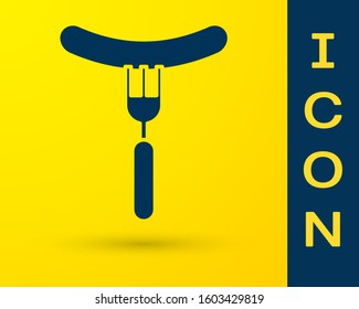 Blue Sausage on the fork icon isolated on yellow background. Grilled sausage and aroma sign.  Vector Illustration