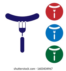 Blue Sausage on the fork icon isolated on white background. Grilled sausage and aroma sign. Set color icons in circle buttons. Vector Illustration