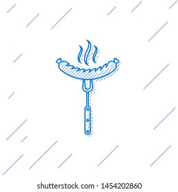 Blue Sausage on the fork with steam line icon isolated on white background. Grilled sausage and aroma sign. Vector Illustration