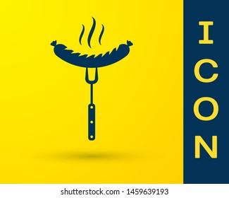 Blue Sausage on the fork with steam icon isolated on yellow background. Grilled sausage and aroma sign. Vector Illustration