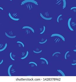 Blue Sausage with steam icon isolated seamless pattern on blue background. Grilled sausage and aroma sign. Vector Illustration