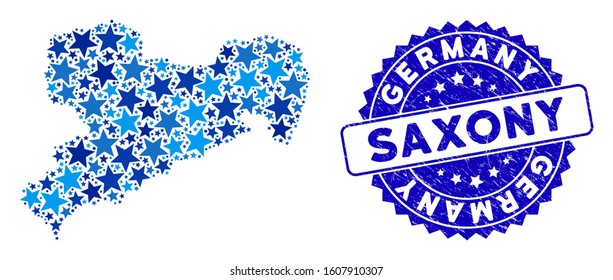 Blue Saxony Land map collage of stars, and distress rounded stamp. Abstract territory scheme in blue color tinges. Vector Saxony Land map is designed of blue stars.