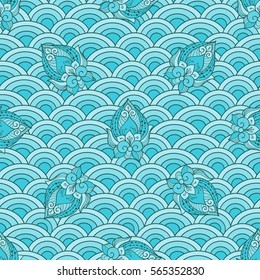 Blue scale, abstract seamless pattern, abstract flowers, vector illustration.