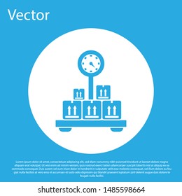 Blue Scale with cardboard box icon isolated on blue background. Logistic and delivery. Weight of delivery package on a scale. White circle button. Vector Illustration