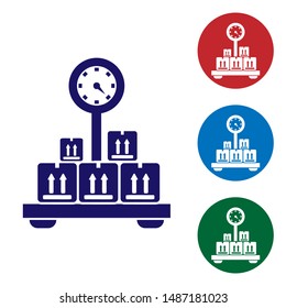 Blue Scale with cardboard box icon isolated on white background. Logistic and delivery. Weight of delivery package on a scale. Set color icons in circle buttons. Vector Illustration