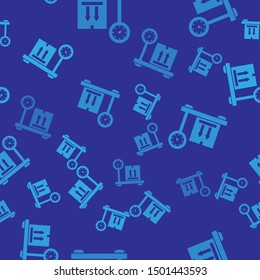 Blue Scale with cardboard box icon isolated seamless pattern on blue background. Logistic and delivery. Weight of delivery package on a scale.  Vector Illustration