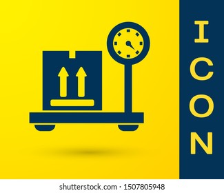 Blue Scale with cardboard box icon isolated on yellow background. Logistic and delivery. Weight of delivery package on a scale.  Vector Illustration