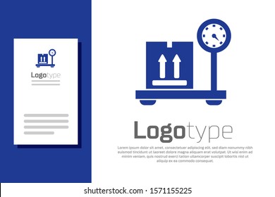 Blue Scale with cardboard box icon isolated on white background. Logistic and delivery. Weight of delivery package on a scale. Logo design template element. Vector Illustration