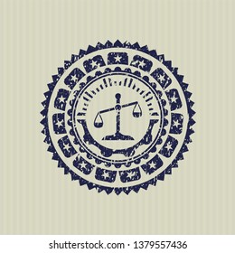 Blue scale icon inside distress rubber stamp with grunge texture