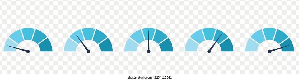 Blue scale meter with low, high and medium bar. Level risk graph or control quality. Vector isolated illustration svg