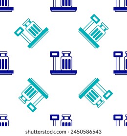 Blue Scale with suitcase icon isolated seamless pattern on white background. Logistic and delivery. Weight of delivery package on a scale.  Vector