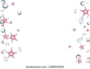 Blue Scallop Background White Vector. Shellfish Abstract Set. Pretty Graphic. Gray Snail Cartoon Illustration.