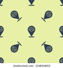 Blue Scallop sea shell icon isolated seamless pattern on yellow background. Seashell sign.  Vector