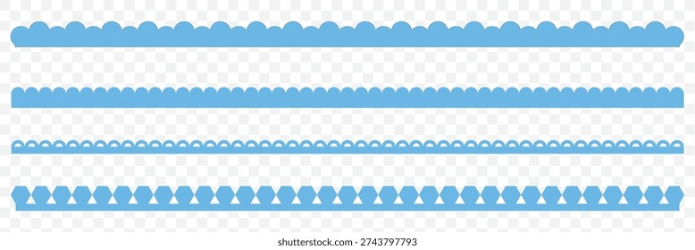 Blue Scalloped border simple divider ornament edge cutout decoration isolated on transparent background. Scalloped edge seamless strokes set. Simple scalloped border. Fabric laces silhouette. Repeat cute vintage frill ornament. Texture ribbons. EPS 10.