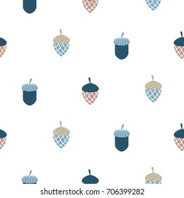 Blue scandinavian acorn simple seamless vector pattern. White, pale and blue leaves pattern background.