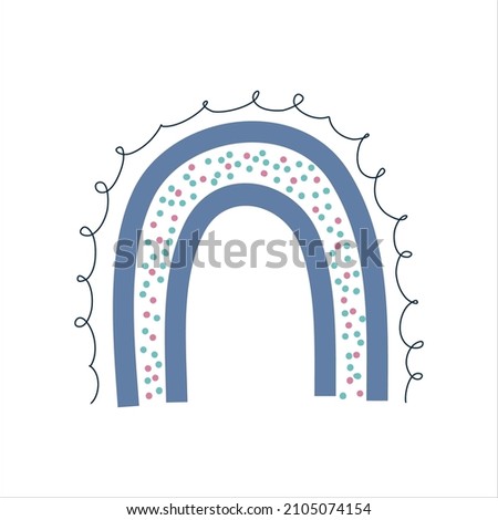 Blue scandinavian rainbow with dots isolated in trendy handdrawn style. Nordic rainbow for kids. Vector illustration design.