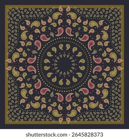 Blue scarf or bandana design with paisley mandala pattern. Ethnic colorful carpet design. Abstract boho background.
