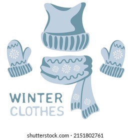 Blue scarf, hat and mittens, traditional winter set. Warm clothes. Hand-drawn vector illustration, isolated on white background.