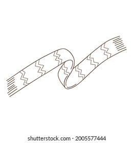Blue scarf with a pattern. Autumn and winter clothing. Design element with outline. The theme of winter, autumn. Doodle, hand-drawn. Black white vector illustration. Isolated on white