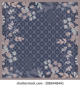 Blue Scarf Pattern With Flowery Ornament Design. Silk Scarves Motifs