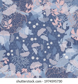 Blue scarf pattern with ginkgo leaf design. Abstract hijab motif