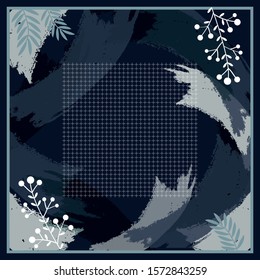 blue scarf pattern with leaf and ornament design
