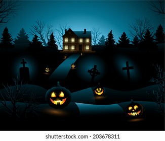 Blue scary Halloween haunted house background