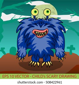 A blue scary and happy monster in a graveyard. Original drawing