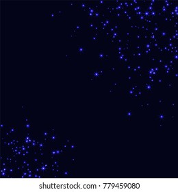 Blue scattered chaotically confetti stars on black. Luxury festive background. Element of design. It is suitable for business cards, banners, posters. Vector illustration, EPS 10.