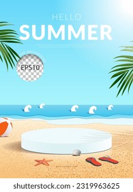 Blue scene paper cut beach theme decoration with Modern stage podium for product background. Vector illustration