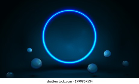 Blue scene with realistic bouncing spheres and neon ring.