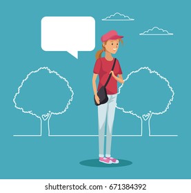 blue scene with silhouette landscape and colorful girl student standing with dialog box