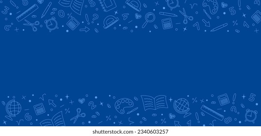 Blue school background with a frame of school stationery icons and copy space. Back to school concept. Vector illustration