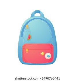 Blue school backpack, cartoon. Isolated on white background. 