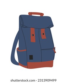 Concepto de mochila de escuela azul. Universidad, universidad o escuela. Accesorio de moda para escolares y preescolares. Plantilla, disposición y simulación. Dibujo vectorial plano de dibujos animados aislado en fondo blanco