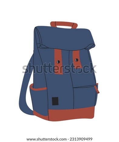 Blue school backpack concept. University, college or school. Trendy accessory for schoolers and preschoolers. Template, layout and mockup. Cartoon flat vector illustration isolated on white background