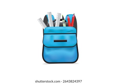 Blue school backpack filled with stationery supplies. Great for education themes, students, and academic tools.