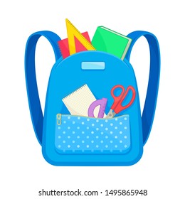 Blue school backpack with a pocket with a zipper. Vector illustration on a white background.