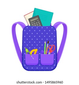 Blue school backpack with a pocket with a zipper. Vector illustration on a white background.